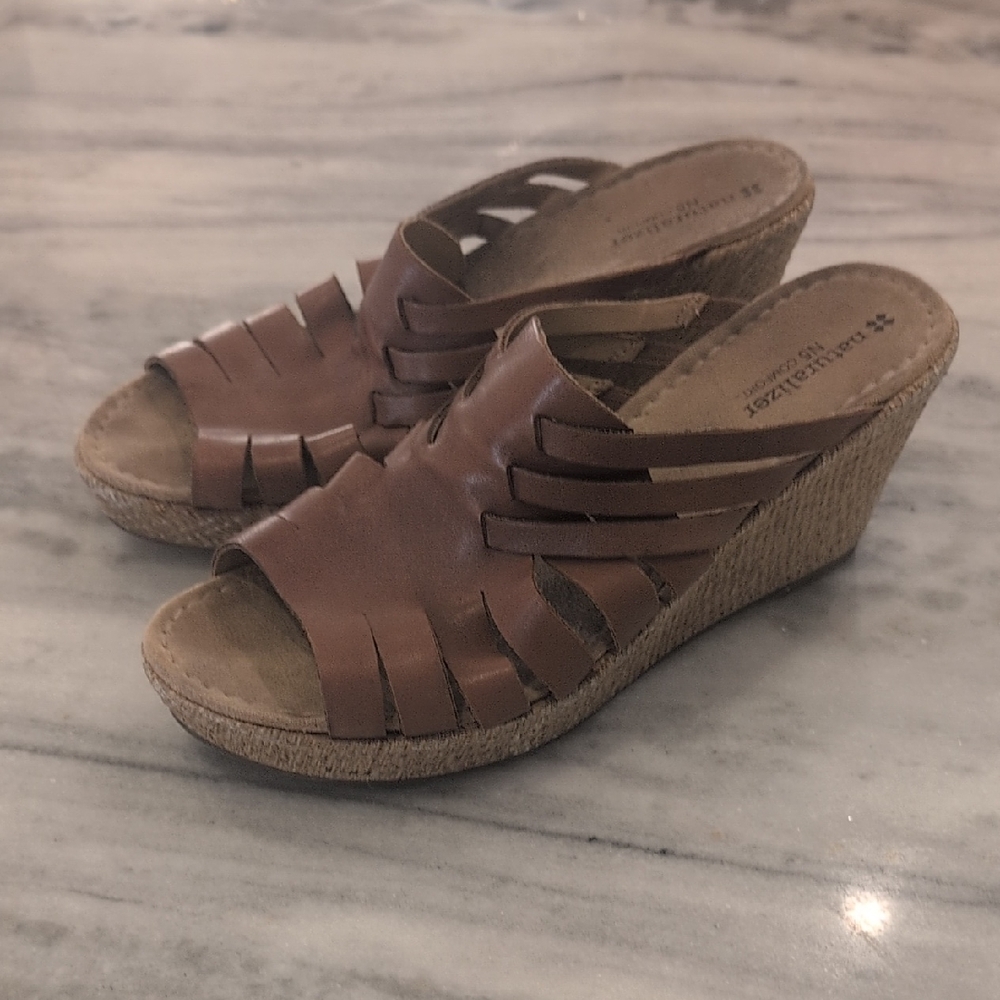 Naturalizer Brown Woven Leather Wedge Sandals